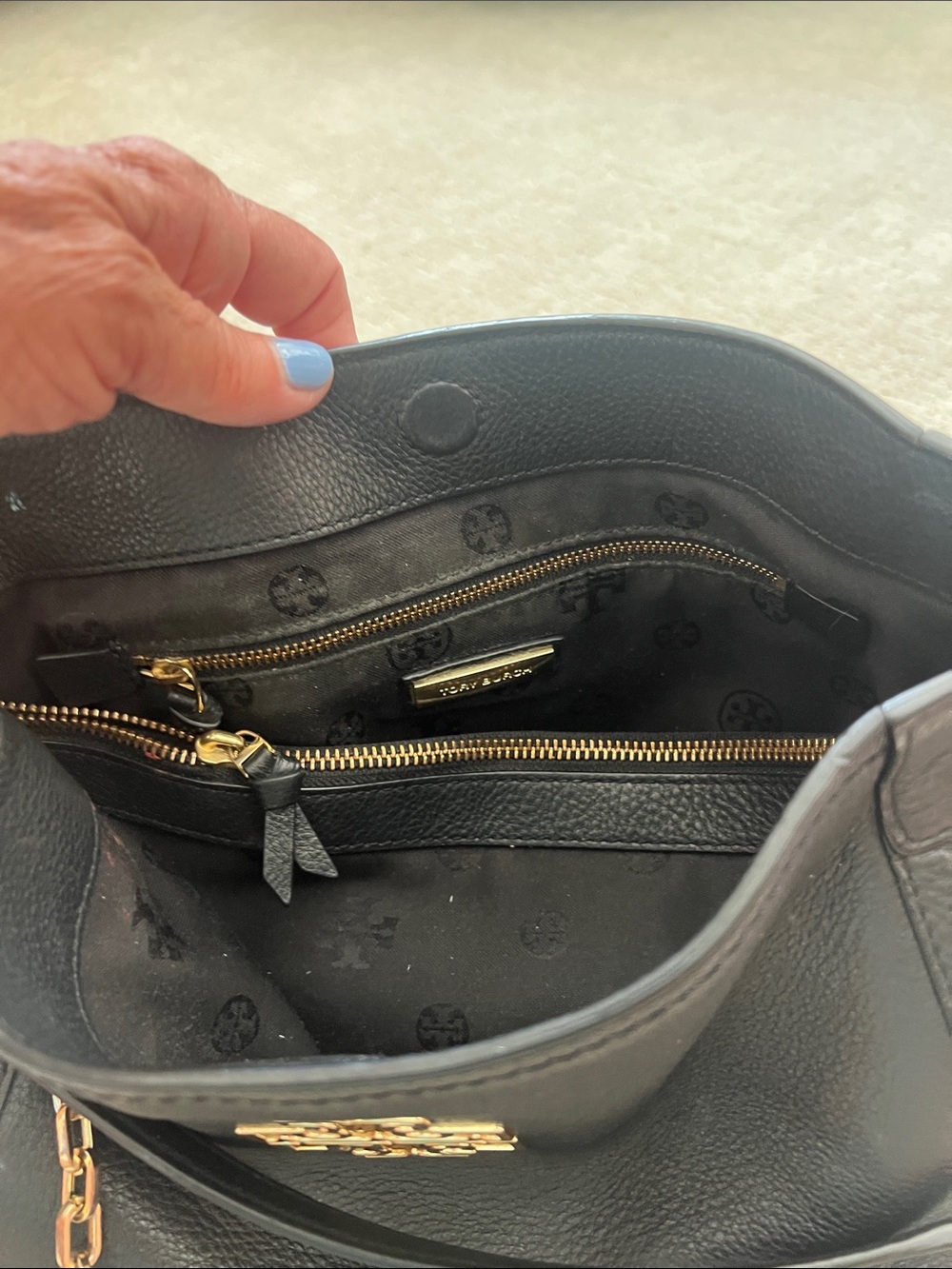Tory Burch Black Leather Tote with Gold Logo & Chain Straps - Picture 8 of 10